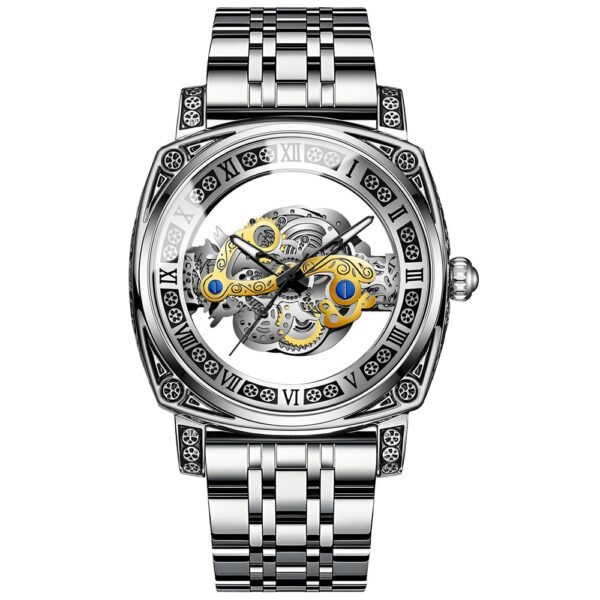 Leather & Stainless Steel Automatic Luminous Hollow-Out Sports Wristwatch